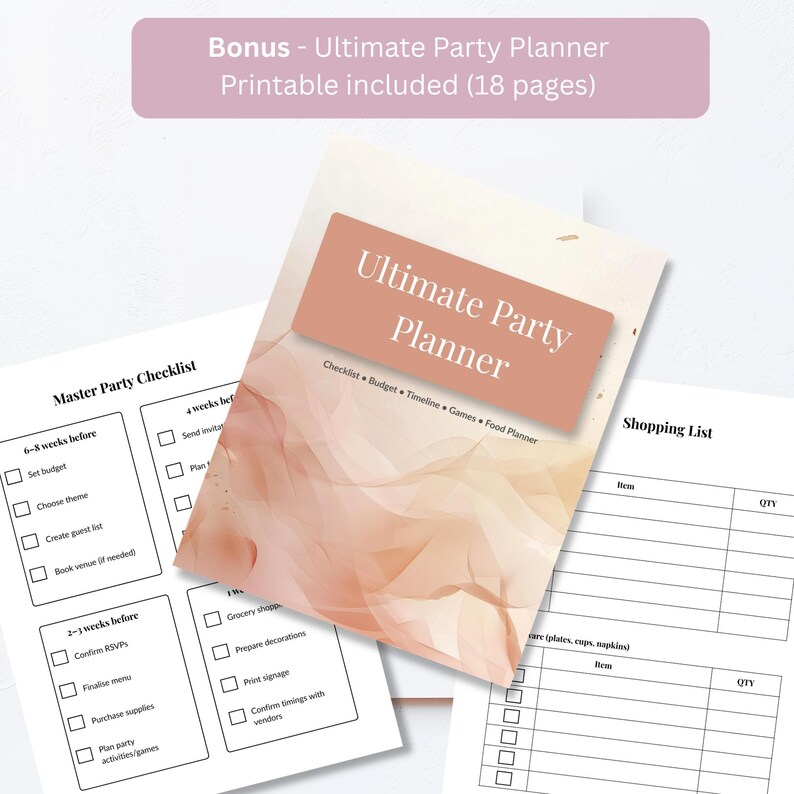 Free bonus Ultimate Party Planner printable included with fairy garden birthday invitation, showing the 18-page PDF with cover page, master party checklist with 6-8 week countdown, and shopping list tracker on a soft white background