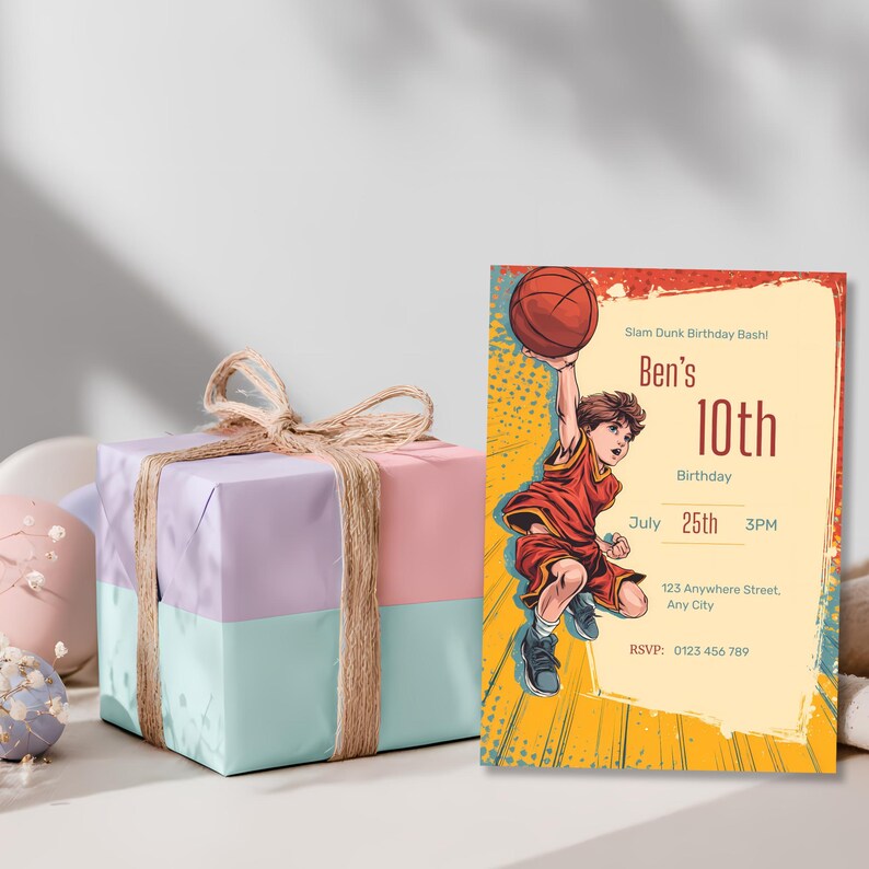 Printable birthday party invitation mockup featuring energetic comic-style basketball dunk and colorful layout