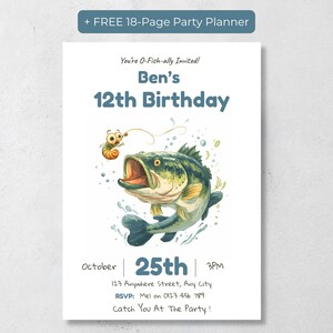 Editable fishing birthday invitation template with free 18-page party planner bonus, featuring a bass fish and worm illustration, customizable Canva template for boy birthday parties