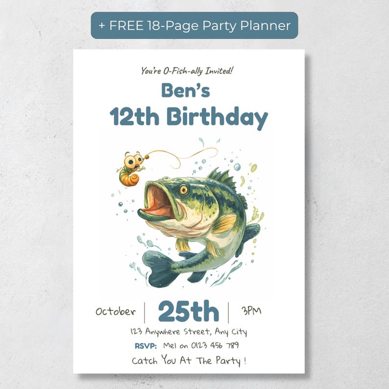 Editable fishing birthday invitation with a print and mobile digital size
