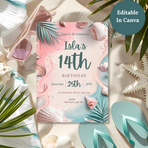Bewerkbare uitnodiging voor een strandverjaardag, verjaardagskaart voor een tienermeisje, uitnodiging voor een 13e verjaardagsfeest voor een meisje in de zomer, schelpenfeest aan de kust, Canva Evite
