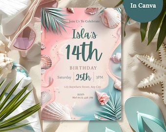 Invitación de cumpleaños playera editable, invitación de cumpleaños para adolescente, invitación de cumpleaños número 13 para chica de verano, fiesta costera con conchas marinas, Canva Evite
