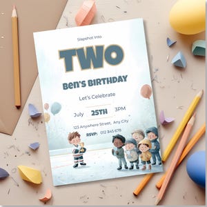Close-up of ice hockey birthday invitation text layout showing “Slapshot Into TWO”, editable name, date, time, address and RSVP details