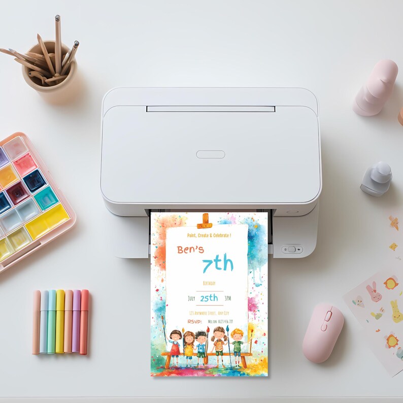 Editable kids birthday invitation, 5x7 watercolor art-themed paint party template