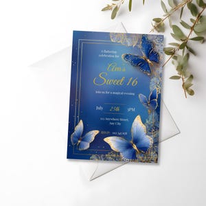 Digital Canva invitation for girls, royal blue with 3D butterflies and elegant layout