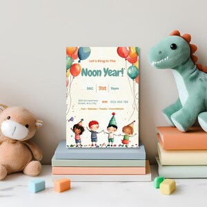 Watercolor kids Noon Year party invitation on a stack of pastel books next to a green dinosaur plush and toy blocks