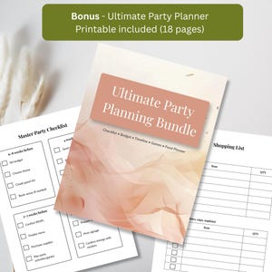 May include: A party planning bundle with checklists, budget, timeline, games, and food planner. The bundle includes a master party checklist, shopping list, and other planning tools. The cover features the text "Ultimate Party Planning Bundle".