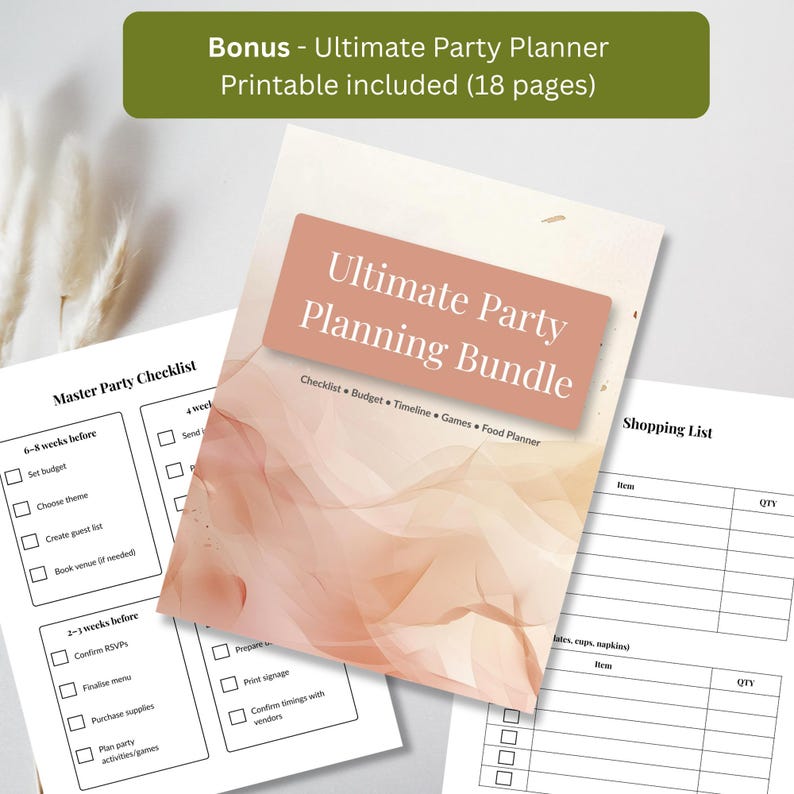 May include: A party planning bundle with checklists, budget, timeline, games, and food planner. The bundle includes a master party checklist, shopping list, and other planning tools. The cover features the text "Ultimate Party Planning Bundle".