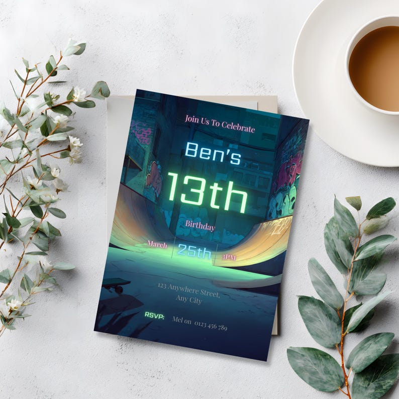 Cyberpunk Skate 13th Birthday Invitation digital mockup with neon graffiti border and skateboarder silhouette
