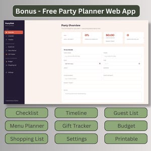 Screenshot of free digital party planner web app bonus, showing party overview dashboard with checklist, timeline, guest list, menu planner, gift tracker, and budget tracker tools.
