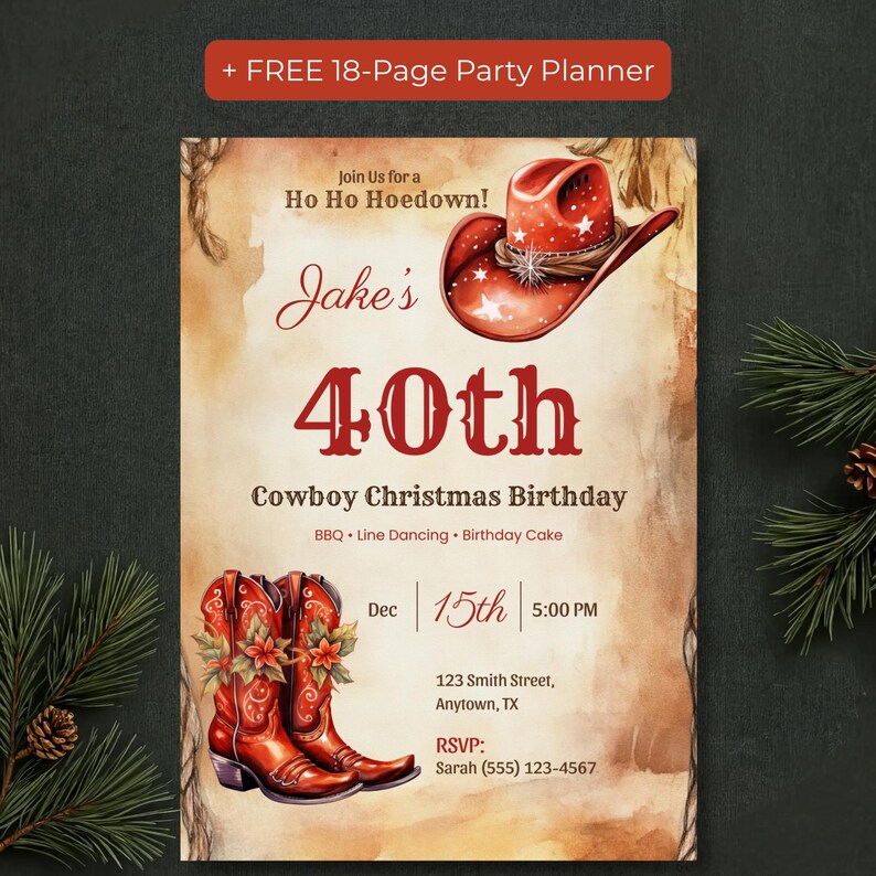 Editable western Christmas birthday invitation with a red cowboy hat and poinsettia cowboy boots for a 40th birthday Ho Ho Hoedown, plus a free 18-page party planner