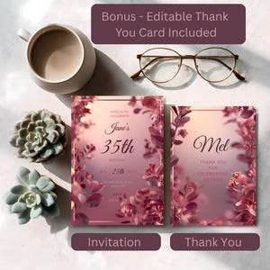 Matching thank-you card for elegant pink birthday invitation set, editable Canva template.
