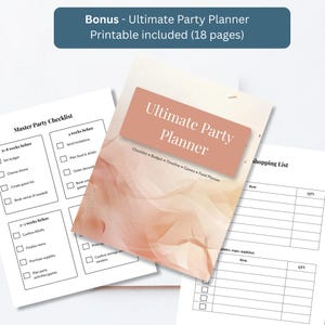 Free bonus 18-page printable party planner including checklist, budget tracker, and shopping list