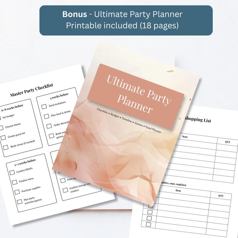Free bonus 18-page printable party planner including checklist, budget tracker, and shopping list