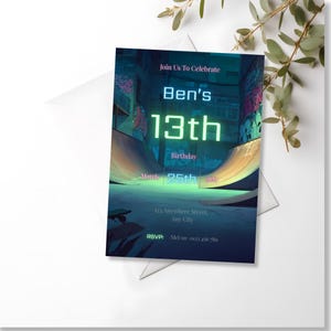 Digital skateboarding birthday invite with minimal ramp shapes and futuristic cyberpunk theme