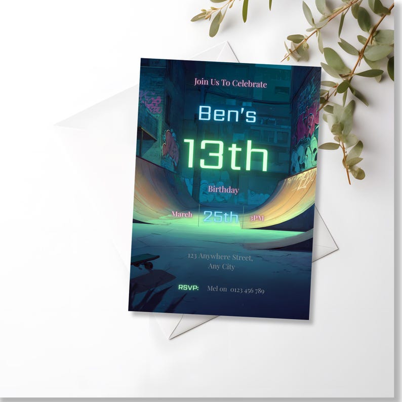 Digital skateboarding birthday invite with minimal ramp shapes and futuristic cyberpunk theme