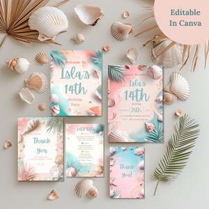 May include: A collection of beach-themed birthday party invitations and thank you cards. The invitations feature a watercolor design with seashells, palm leaves, and the text "Isla's 14th Birthday Party". The phrase "Editable in Canva" is also visible.