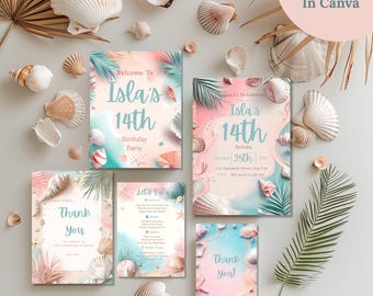 Teen Girl Coastal Birthday Bundle, Editable Canva Party Templates, Invitation, Menu, Favor Tags, Thank You Card, Welcome Sign