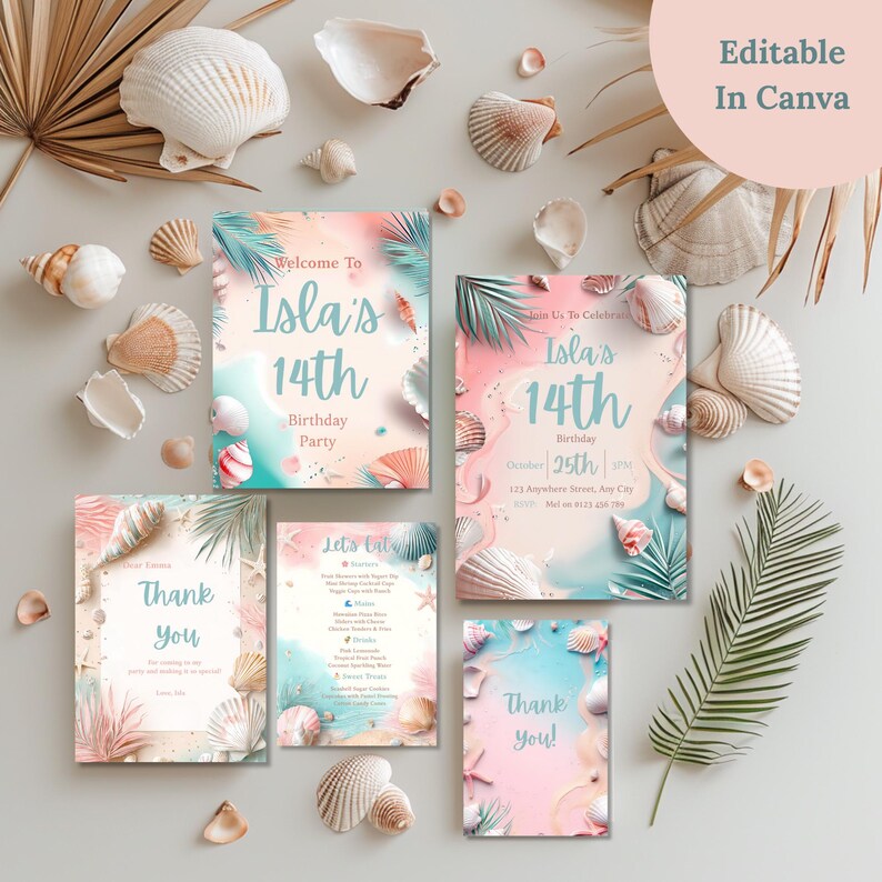 May include: A collection of beach-themed birthday party invitations and thank you cards. The invitations feature a watercolor design with seashells, palm leaves, and the text "Isla's 14th Birthday Party". The phrase "Editable in Canva" is also visible.