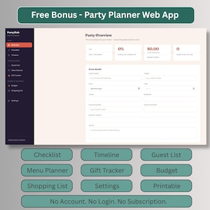 Free bonus party planner web app with checklist, timeline, guest list, menu planner, gift tracker, budget and shopping list, no account needed