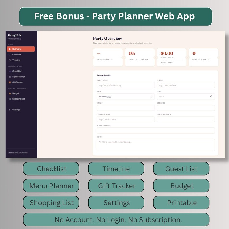 Free bonus party planner web app with checklist, timeline, guest list, menu planner, gift tracker, budget and shopping list, no account needed