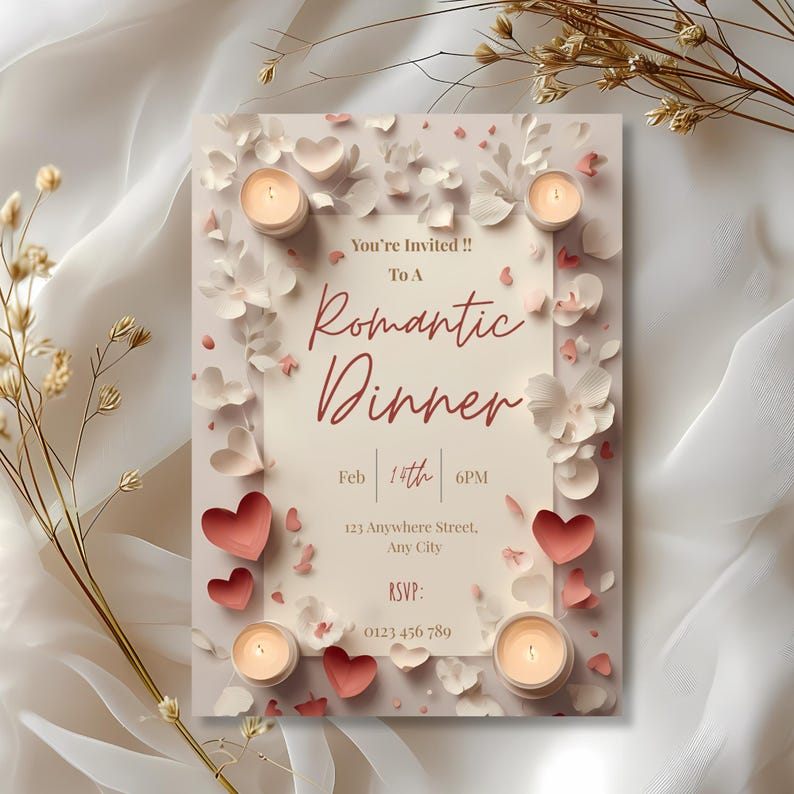 May include: A romantic dinner invitation with a cream background, adorned with paper hearts, flowers, and candles. The text reads "You're Invited To A Romantic Dinner" with date, time, address, and RSVP details.