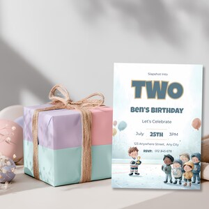 Watercolor ice hockey birthday invitation featuring child holding trophy and group of kids clapping, soft pastel tones and celebratory confetti details