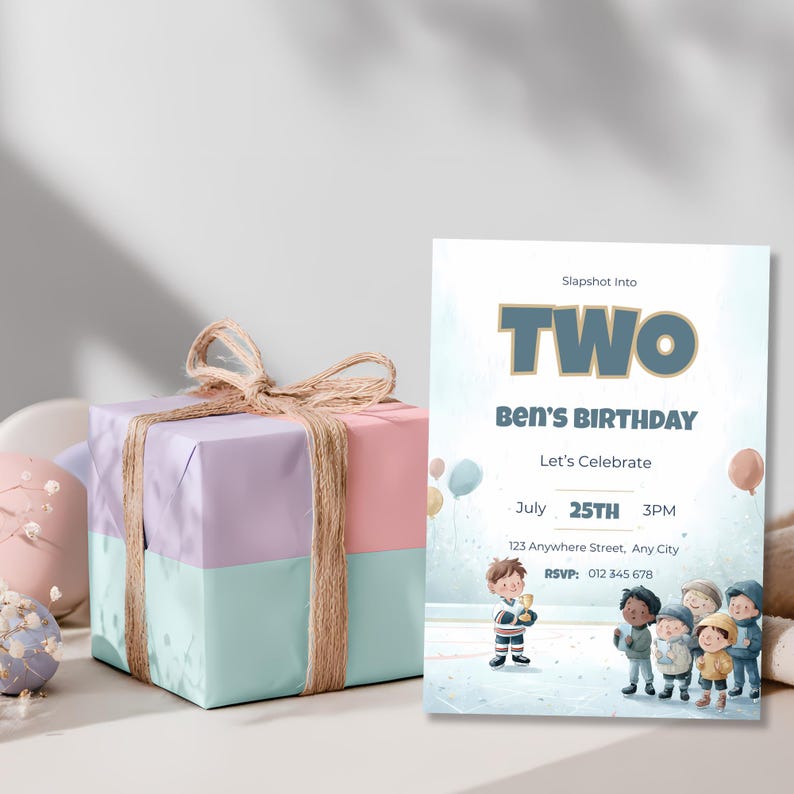 Watercolor ice hockey birthday invitation featuring child holding trophy and group of kids clapping, soft pastel tones and celebratory confetti details