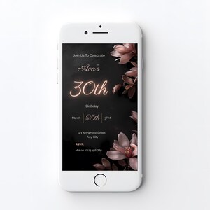 Black and blush 30th birthday invitation displayed on a phone screen, mobile-sized editable Canva template with moody floral design
