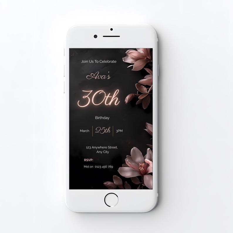 Black and blush 30th birthday invitation displayed on a phone screen, mobile-sized editable Canva template with moody floral design