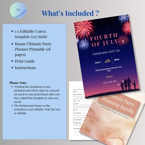 What’s included page showing editable Canva invitation template files plus free 18 page party planner printable PDF bonus