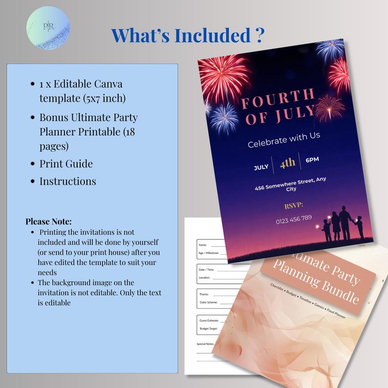 What’s included page showing editable Canva invitation template files plus free 18 page party planner printable PDF bonus