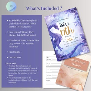 What's included: editable 5x7 dragon invitation, mobile evite version, free 18 page printable party planner, free party planner web app, print guide