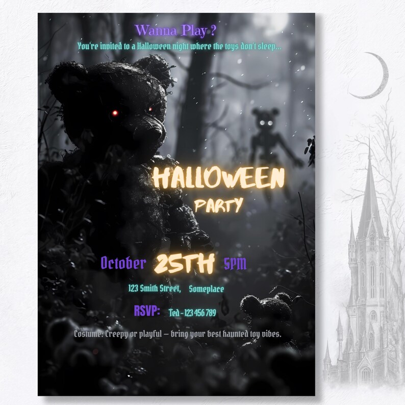 Detail of haunted toy Halloween invitation artwork — glowing red-eyed teddy bear in gothic foggy forest, horror illustration
