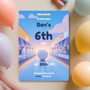 Editable bowling birthday invitation template for boys, arcade themed kids party invite example