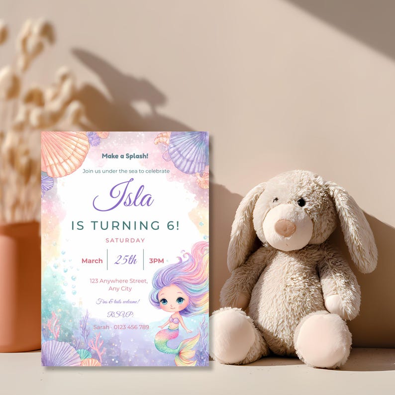 Kids mermaid party invitation standing beside a soft plush bunny, with pastel watercolor seashells, coral and bubbles.