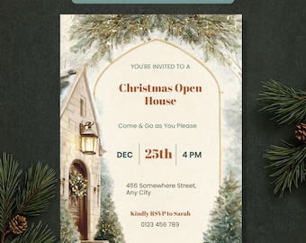 Christmas Open House Invitation, Watercolor Editable Canva Template, Printable Holiday Party Invite with Free Party Planner Bonus