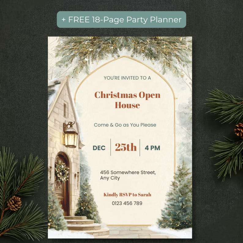 Christmas Open House invitation with free 18-page party planner bonus, editable Canva template on dark holiday background