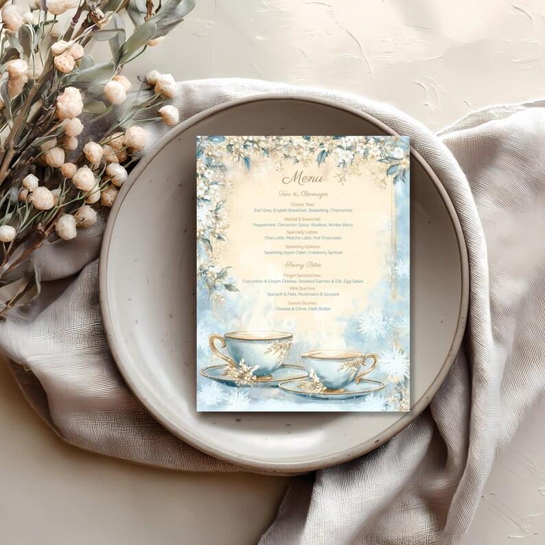 Winter tea party menu card on a place setting with cutlery, editable Canva template for afternoon tea
