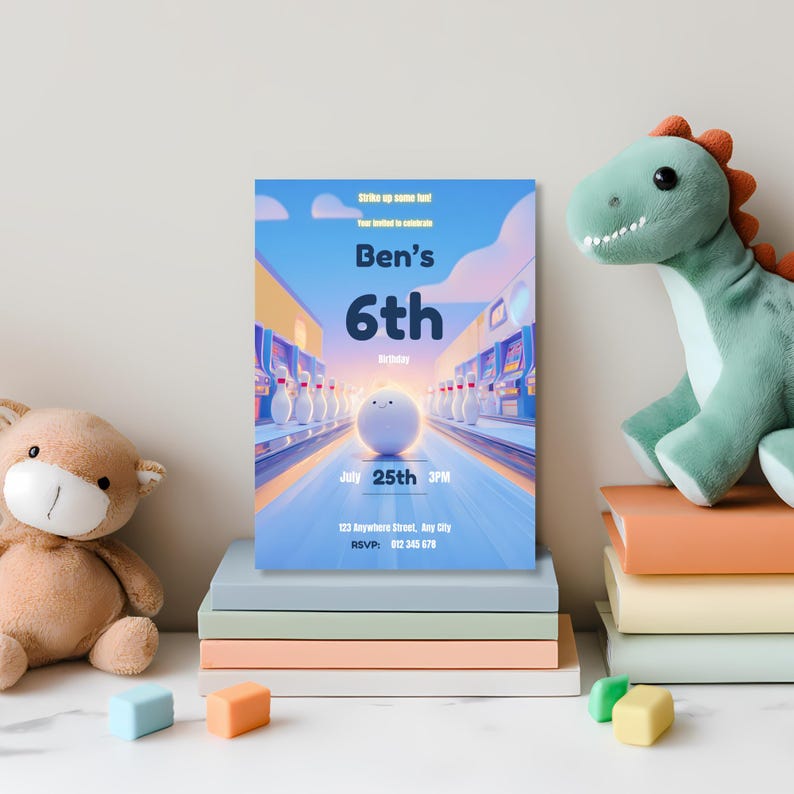 Editable bowling birthday invitation template for boys, arcade themed kids party invite example