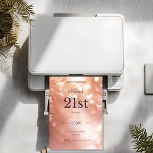Feminine 21st birthday invitation template in soft peach, Canva editable, digital download