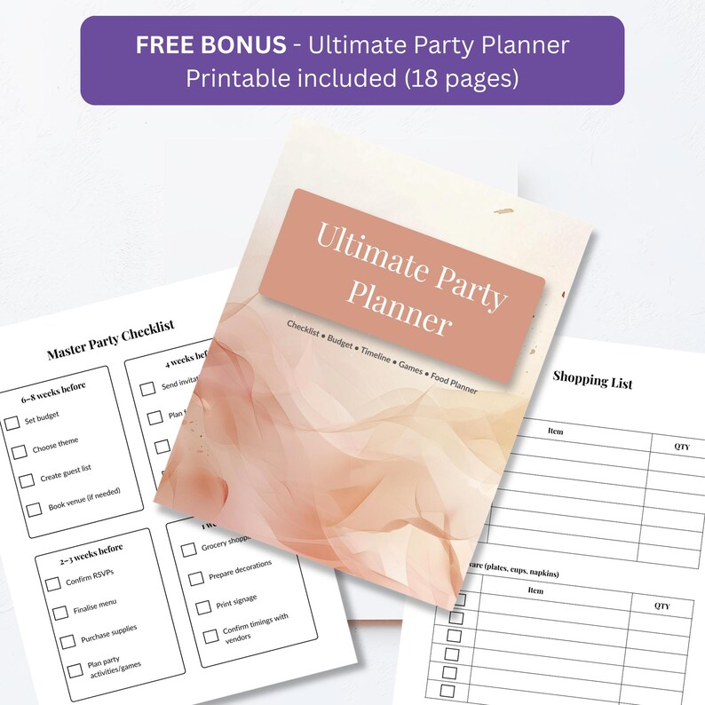 Free bonus 18-page printable party planner with master party checklist, shopping list and party overview pages, included with this kids birthday invitation