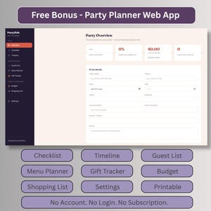 Free bonus party planner web app showing the party overview dashboard with checklist, timeline, guest list, menu planner, gift tracker, budget and shopping list, no account or login needed
