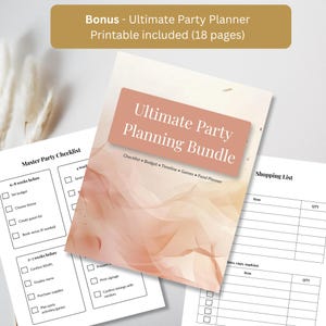Ultimate Party Planner printable PDF bonus with 18 planning pages including guest list tracker, budget planner, shopping lists, food organizer, and party timeline sheets for Fourth of July events
