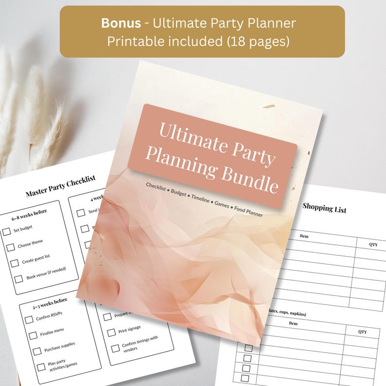 Ultimate Party Planner printable PDF bonus with 18 planning pages including guest list tracker, budget planner, shopping lists, food organizer, and party timeline sheets for Fourth of July events