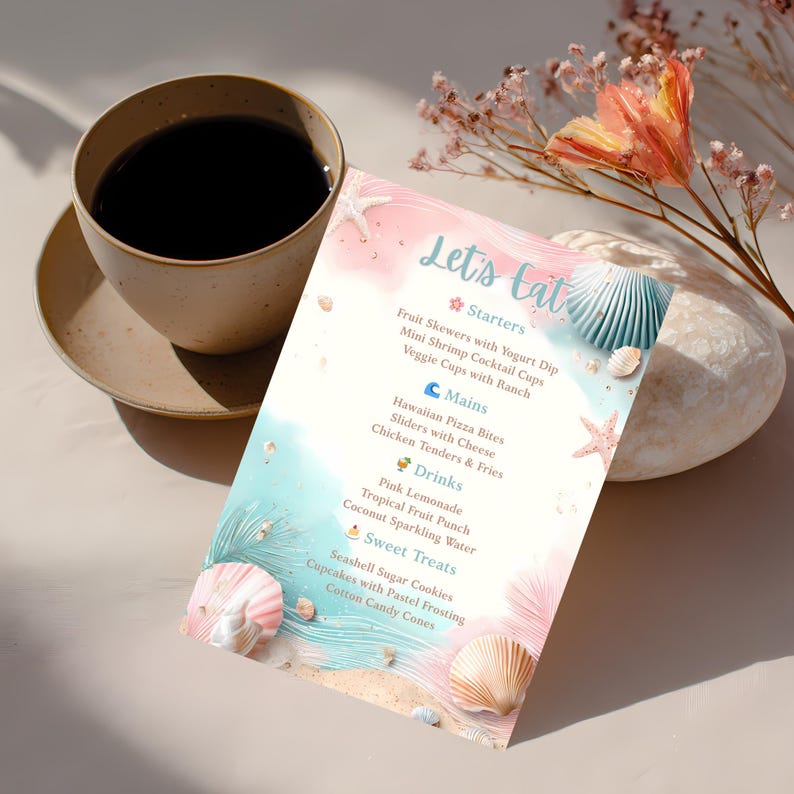 May include: A menu with a beach theme, featuring the text "Let's Eat." The menu lists starters, mains, drinks, and sweet treats. The design includes seashells, starfish, and a watercolor background in shades of blue, pink, and sand.