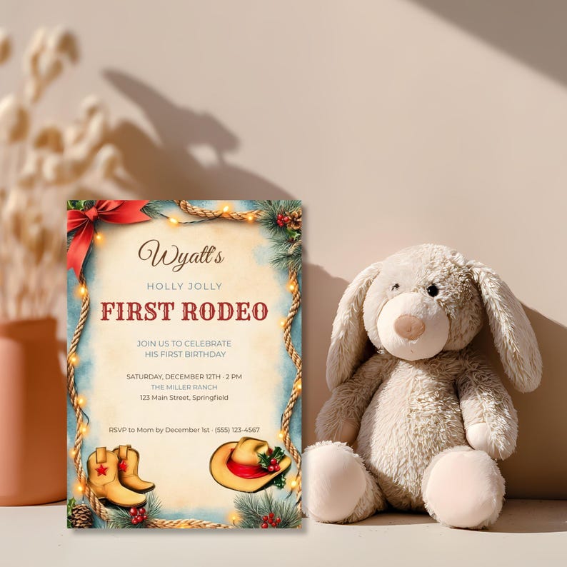 December first birthday invitation with a cowboy boots and hat design, propped beside a soft plush bunny in a warm nursery setting