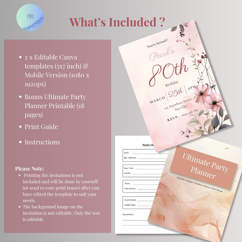 What's included with this 80th birthday invitation template: 2 editable Canva files, mobile version, free 18-page party planner, print guide