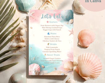 Puede incluir: Un menú con temática de playa con el texto "Let's Eat" y una lista de entrantes, platos principales, bebidas y dulces. El menú está rodeado de conchas marinas, estrellas de mar y hojas de palma, con un fondo de acuarela rosa y azul pastel.