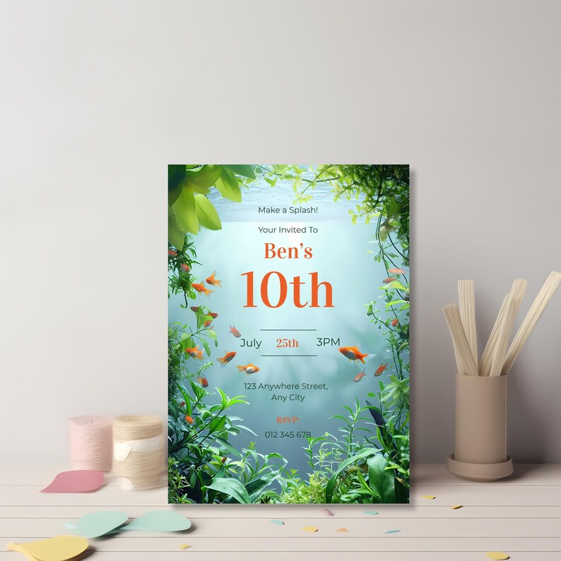 Aquarium birthday invitation styled with party decorations, showing vibrant underwater theme for boys’ birthday